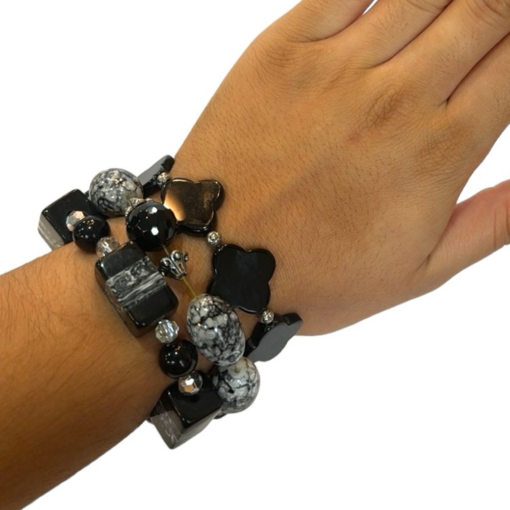 SET 3 BLACK GRAY STONES STRETCH BRACELETS